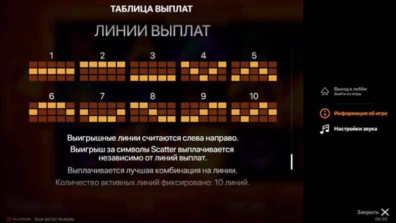 Линии слота Book del Sol- Multiplier
