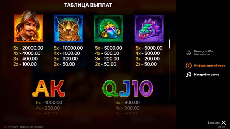 Символы слота Book del Sol- Multiplier