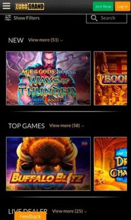 Мобверсия казино Eurogrand