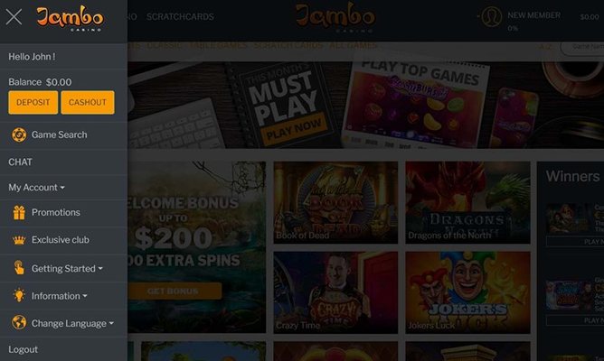 Интерфейс казино Jambo
